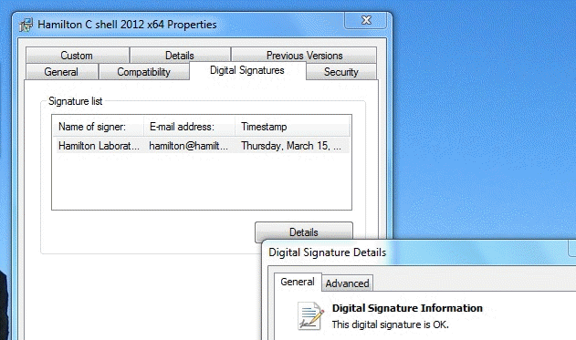 Hamilton C shell is digitally signed