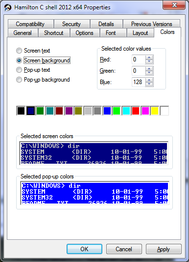Hamilton C shell shortcut properties colors tab